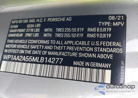 2021 Porsche Macan z USA, uszkodzony, nr VIN WP1AA2A55MLB14277